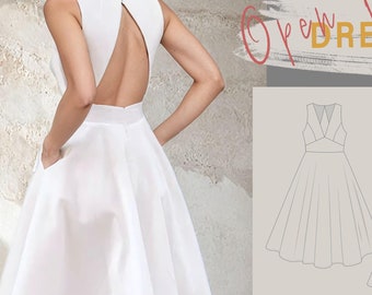 Backless Dress Sewing Pattern | Flare Skirt Midi Gown with V-Neck | Wedding Dress |  Prom Dress Pattern | Womens Sewingpattern #30