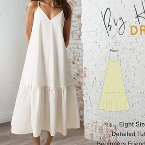 May include: A woman wearing a white, V-neck dress with spaghetti straps and a tiered hem. The words "Big Hem DRESS" are written on the right side of the image, along with illustrations and text about the dress pattern.