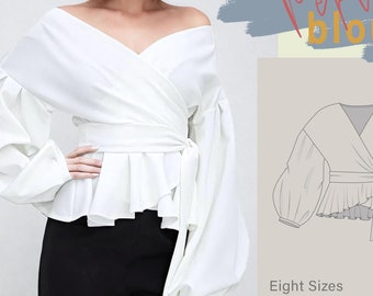 Blouse PDF Pattern | Cross Front Top and Balloon Sleeves | Side Tie Top Pattern | Women's Sewingpattern| Free Sewing Planner #29