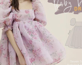 Babydoll Dress Pattern | Easy Dress PDF Pattern | Cottagecore Dress| Bohemian Pattern Dress  Square Neck and Puffy Sleeve Pattern #7