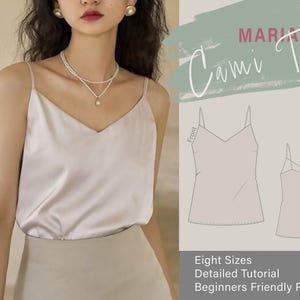 Könnte beinhalten: Ein digitales Schnittmuster für ein Cami-Top, genannt "Mariana Cami Top". Das Schnittmuster umfasst acht Größen und eine detaillierte Anleitung. Es ist ein anfängerfreundliches Schnittmuster.