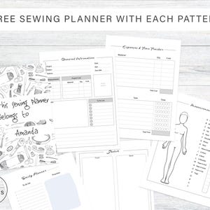 May include: A black and white printable sewing planner with 34 pages. The planner includes sections for general information, expenses and time tracking, measurements, and a daily planner. The cover features a hand-drawn illustration of sewing tools and the text "This sewing planner belongs to".