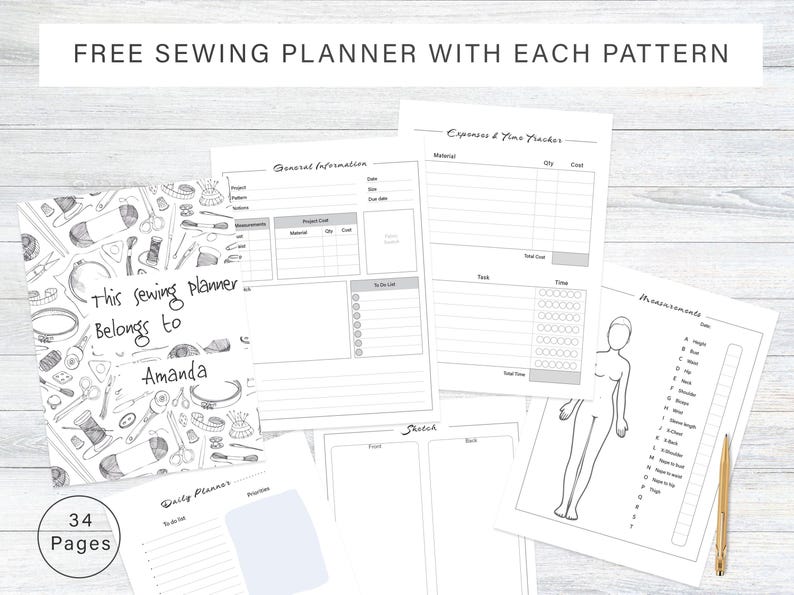 May include: A black and white printable sewing planner with 34 pages. The planner includes sections for general information, expenses and time tracking, measurements, and a daily planner. The cover features a hand-drawn illustration of sewing tools and the text "This sewing planner belongs to".