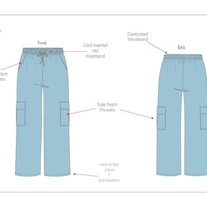 Puede incluir: Un dibujo de línea de un pantalón azul con bolsillos laterales inclinados, bolsillos laterales de parche y una cintura elástica. El pantalón tiene un dobladillo que se debe doblar 2,5 cm (1 pulgada) y pespuntar.