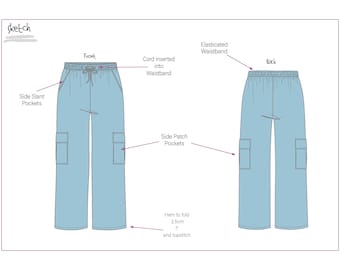 May include: A line drawing of a pair of blue pants with side slant pockets, side patch pockets, and an elasticated waistband. The pants have a hem that is to be folded 1 inch (2.5 cm) and topstitched.