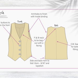 May include: A sketch of a vest design, showing the front and back views. The front view has four buttons and labeled details. The back view shows a center back seam. Text includes "Armholes to finish with Inside binding."