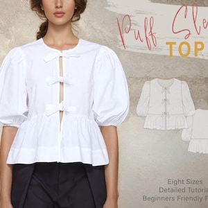 Tie Front Top Pattern With a Ruffle Hem and Puff Sleeve | Summer Top PDF Pattern | Beginner Sewer Project | Front Tie Top Pattern #023
