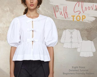 Tie Front Top Pattern With a Ruffle Hem and Puff Sleeve | Summer Top PDF Pattern | Beginner Sewer Project | Front Tie Top Pattern #023