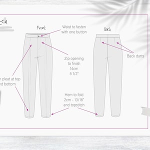 May include: A black and white line drawing of a pair of trousers with instructions for sewing. The trousers have a zip opening, pleats at the top and bottom, and back darts. The instructions include measurements in centimetres and inches.