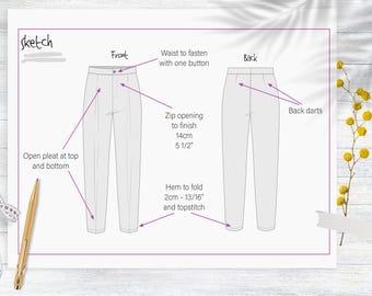 Könnte beinhalten: Eine Schwarzweiß-Zeichnung einer Hose mit Nähanweisungen. Die Hose hat einen Reißverschluss, Falten oben und unten sowie Abnäher im Rücken. Die Anweisungen beinhalten Maße in Zentimetern und Zoll.