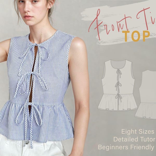 Top Sewing Pattern | Ties Front Top with Frilled Hem | Open Front Top | Peplum Top | Easy Top Pattern | Beginner Sewer | Free Planner #024