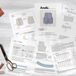 May include: A sewing pattern for a vest with a striped design. The pattern includes instructions for making the vest, as well as a size chart for different body measurements. The pattern is called "Amelie" and is available for download.