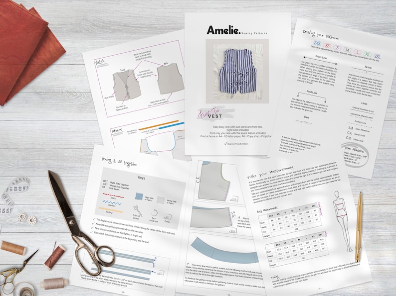 May include: A sewing pattern for a vest with a striped design. The pattern includes instructions for making the vest, as well as a size chart for different body measurements. The pattern is called "Amelie" and is available for download.