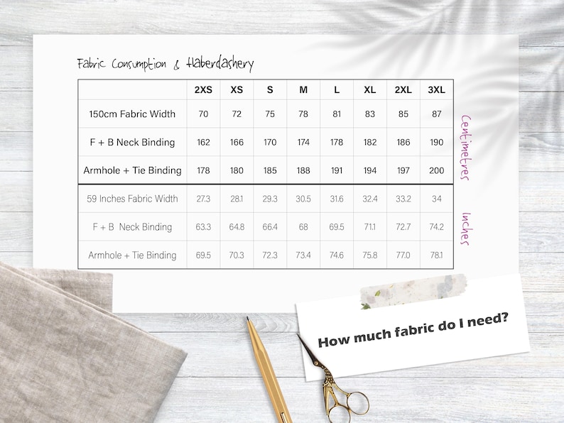 May include: A chart showing fabric consumption and haberdashery measurements in inches and centimeters for different sizes: 2XS, XS, S, M, L, XL, 2XL, and 3XL. The chart includes measurements for 150cm fabric width and 59 inches fabric width, with separate rows for F + B Neck Binding and Armhole + Tie Binding.