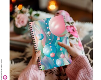 Cahier ligné à spirales Bubbly Bauble Bubbles - 118 pages - Cahier amusant - Accessoires de bureau - Cahier à spirales rose bleu - Joli cahier pastel