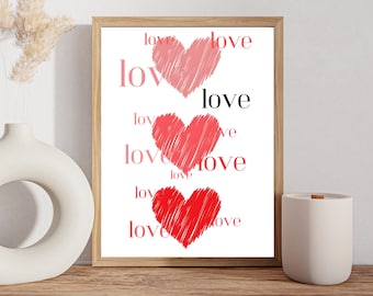 Red Heart Print, Valentines Day Printable, Digital Download, Love Wall Art, Valentines Art Print, Gift for Valentines Day, Heart Wall Art,