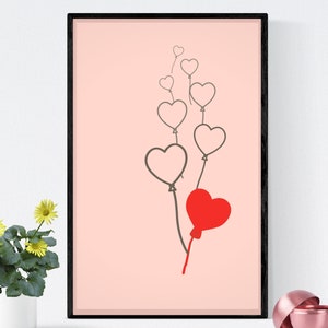 Pink Printable Heart Balloon Wall Art, Valentines Day Digital Download, Modern Romantic Wall Art, Trendy Pink Art Print, Cute Balloon Art