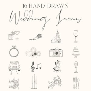 16 icônes de chronologie de mariage dessinées à la main | Fichiers SVG PNG JPG | Images clipart mariage | Modèle de chronologie de mariage modifiable gratuit sur Canva