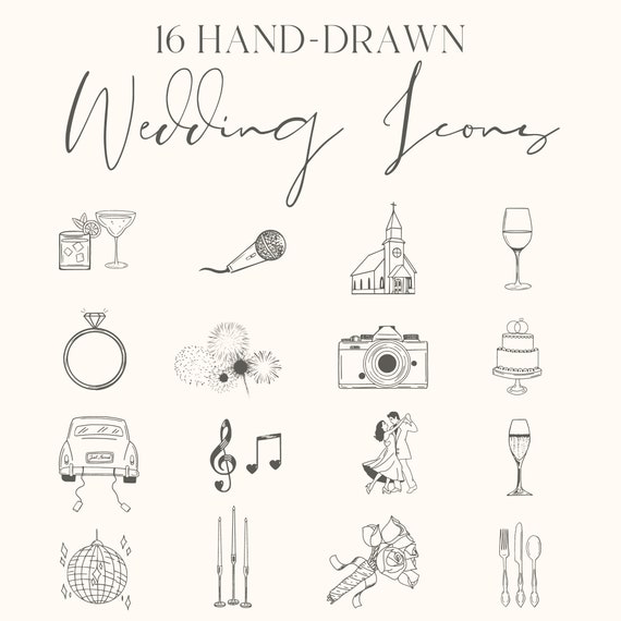 16 Hand Drawn Wedding Timeline Icons | SVG PNG JPG Files | Wedding Clip Art Illustrations | Free Editable Wedding Timeline Template In Canva