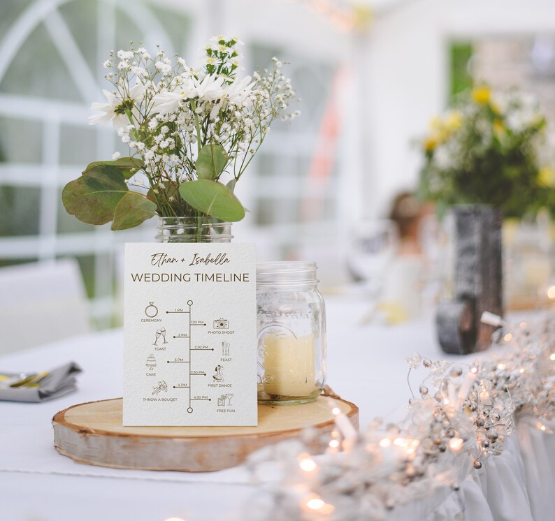 K&ouml;nnte beinhalten: Ein Hochzeit-Zeitplan-Schild mit wei&szlig;em Hintergrund und braunem Text. Das Schild listet die Hochzeitsereignisse mit den entsprechenden Zeiten auf. Das Schild befindet sich auf einer Holzscheibe mit wei&szlig;en Lichterketten drumherum. Ein Einmachglas mit einer Kerze steht vor dem Schild.