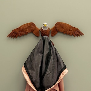 May include: A brown eagle wall hook with outstretched wings, holding a pink jacket with a black mesh hood.