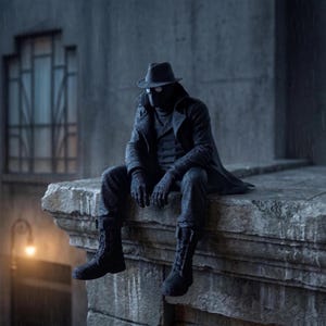 May include: A dark-toned action figure of a character wearing a fedora, a long trench coat, gloves, and boots. The figure is seated on a stone ledge, featuring a mask with circular white eye lenses, textured clothing details, and a somber appearance.