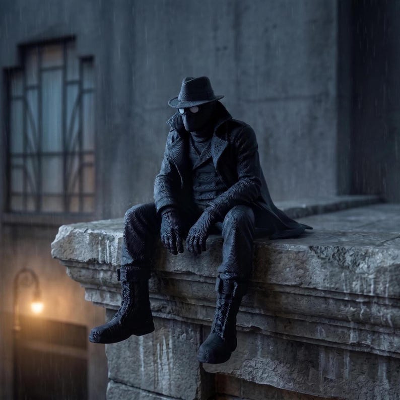 May include: A dark-toned action figure of a character wearing a fedora, a long trench coat, gloves, and boots. The figure is seated on a stone ledge, featuring a mask with circular white eye lenses, textured clothing details, and a somber appearance.