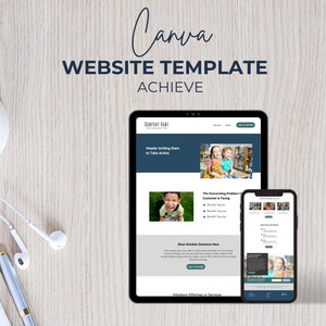 May include: A website template mockup on a tablet and smartphone. The template features a header with the text "Header inviting them to take action", a section with the text "The Overarching Problem Customers are Facing", and a section with the text "Short Solution Sentence Here".