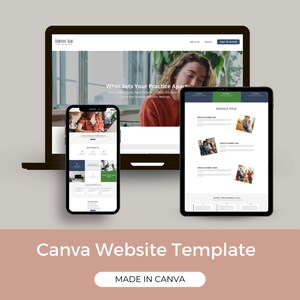 May include: A mockup of a website template for a business or professional service. The template is shown on a laptop, tablet, and phone. The website features a header with the company name, a call to action button, and a section with a photo and text. The website also includes a services section with a list of services and a testimonials section.