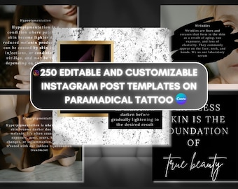 Paquete de contenido para redes sociales de Instagram sobre tatuajes paramédicos: 250 diseños de Canva editables para tatuadores y clínicas paramédicas