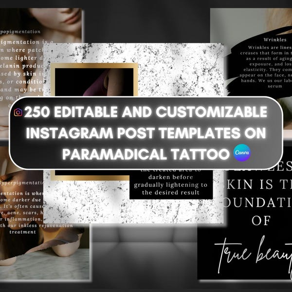 Paramedisch tatoeëren social media IG-contentpakket, 250 bewerkbare canvasontwerpen voor paramedische tattooartiesten en klinieken
