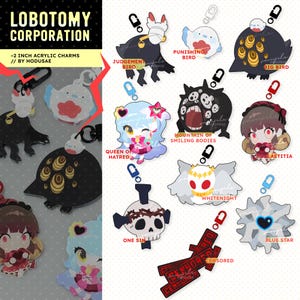 May include: A collection of acrylic charms, each approximately 2 inches in size, featuring various character designs. The charms include figures like "Judgement Bird," "Punishing Bird," and "Big Bird," along with other unique characters. Each charm has a keychain attachment.