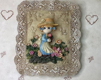 Decorative Floral Little Girl Ceramic or Plaster Wall Plaque