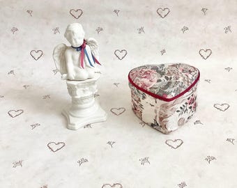 Vintage Cherub Statue Figurine on Floral Pedestal, Floral Fabric Heart Shaped Jewelry Trinket Box