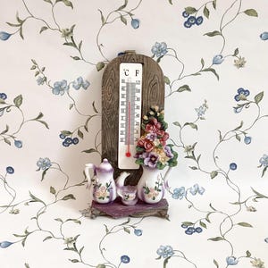 Vintage Floral Teatime Garden Wall Thermometer, Teapot Flowers Thermometer Wall Hanging Decor