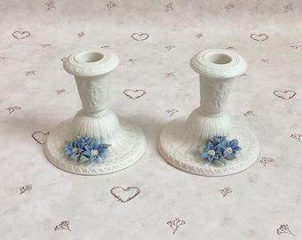 Vintage Pair Floral Cherubs Candlestick Holders Hermitage Pottery Jade Taper Candleholders