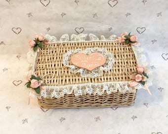 Vintage “Sisters Are Special” Floral Lace Heart Wicker Keepsake Storage Basket, Gift For Sisters