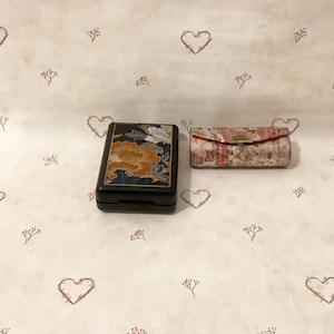 Vintage Floral Metallic Fabric Lipstick Holder, Vintage Black Lacquer Flower 3 Lipstick Holder, Vintage Floral Lipstick Case