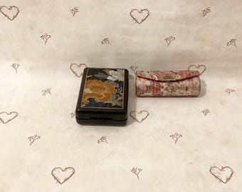 Vintage Floral Metallic Fabric Lipstick Holder, Vintage Black Lacquer Flower 3 Lipstick Holder, Vintage Floral Lipstick Case