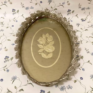 Vintage Victorian Vanity Floral Metal Gold Tone Rectangular Mirror Tray, Bathroom Floral Metal Vanity Tray, Gold Tone Footed Vanity Tray