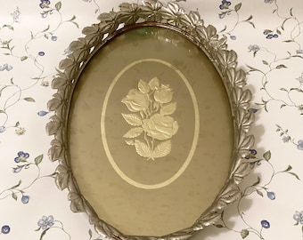 Vintage Victorian Vanity Floral Metal Gold Tone Rectangular Mirror Tray, Bathroom Floral Metal Vanity Tray, Gold Tone Footed Vanity Tray