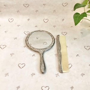 Vintage Floral Ribbon Victorian Silver Plated Mirror and Comb Vanity Set