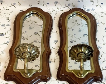 Vintage Gold Flower Faux Wood Wall Mirror Sconce, Wall Hanging Mirror Home Decor Pair, Vintage Gold Faux Wood Wall Candleholders With Mirror