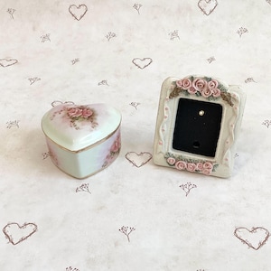 Vintage Victorian Floral Heart Shaped Porcelain Jewelry Ring Box, Vintage Mini Floral Picture Frame Set