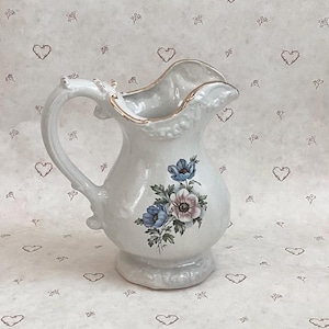 Large Victorian Floral Ceramic Cottage Country White Pitcher, Vintage Floral Ceramic Pitcher Vase