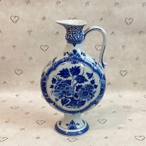 Collectible Vintage De Porceleyne Fles Pitcher Vase, Vintage Royal Delft Blue Handpainted Floral Pottery Vase