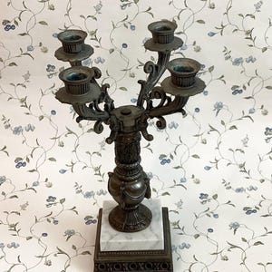 Vintage Victorian Style Candelabra, Floral Art Nouveau Brass Candelabra, 4 Arm Brass Marble Candelabra