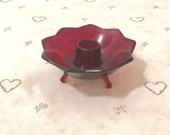 Vintage Red Lotus Flower Fenton Glass Footed Candle Holder, Glass Flower Candlestick Holder