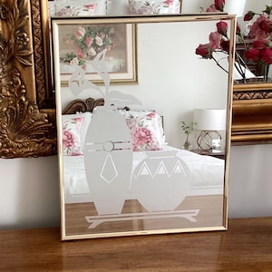 Vintage 80’s Art Deco Mirror, Retro Etched Mirror, Floral Frosted Etched Wall Mirror with Gold Tone Frame