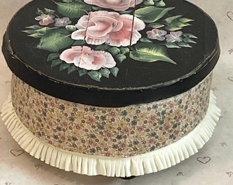 Vintage Wooden Floral Handpainted Storage Hat Box on Wheels